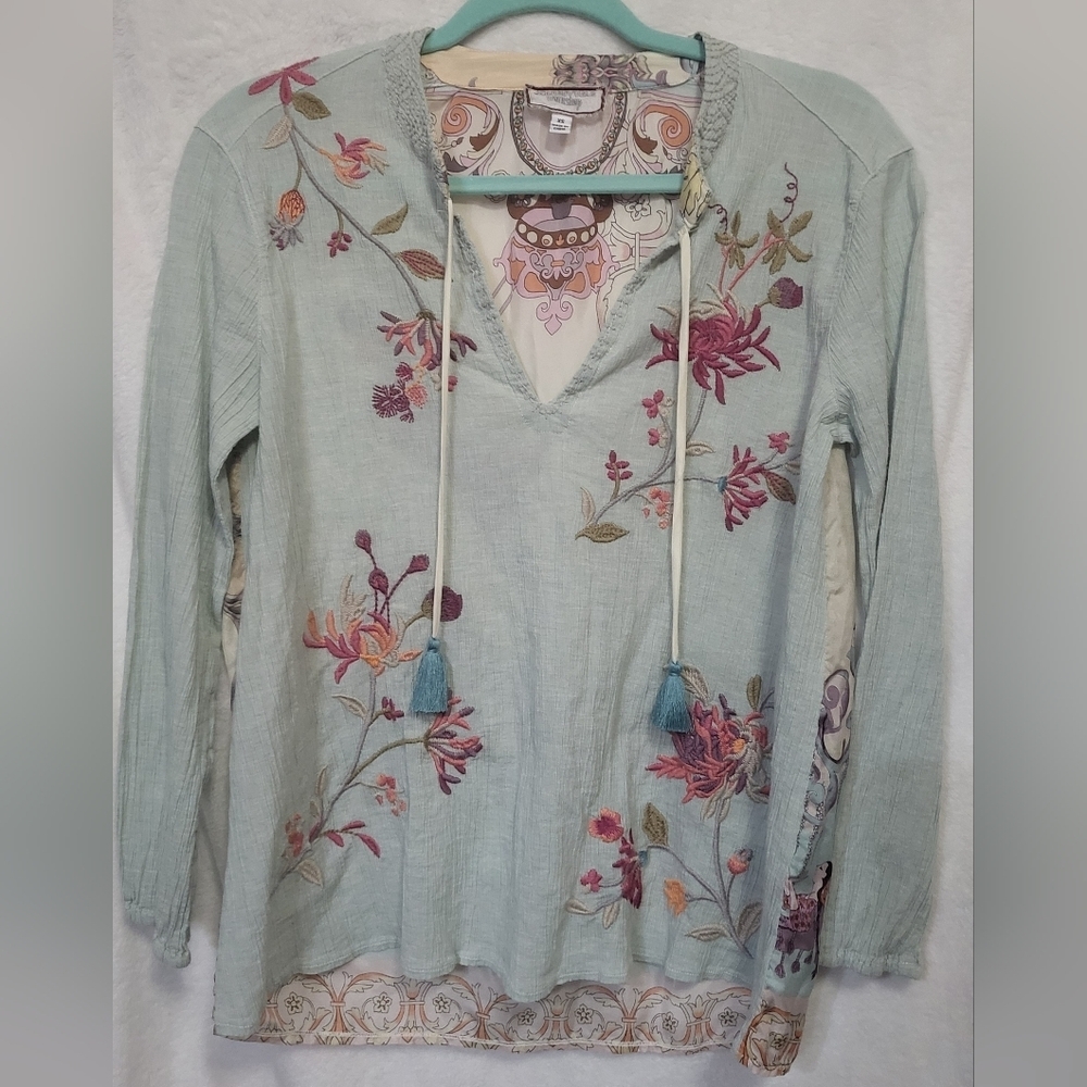 JOHNNY WAS SILK EMBROIDERED BOHEMIAN FLORAL Scarf Back Blouse - Picture 3 of 9